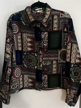 BonWorth Navy Burgundy Cream Geometric Patchwork Button-Up Blouse
